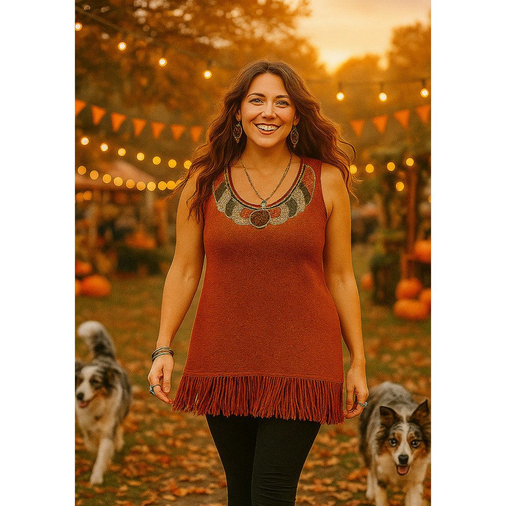 Vintage Crocheted Tunic Tank Sweater Womens 2X Burnt Orange Beaded Fringe Boho